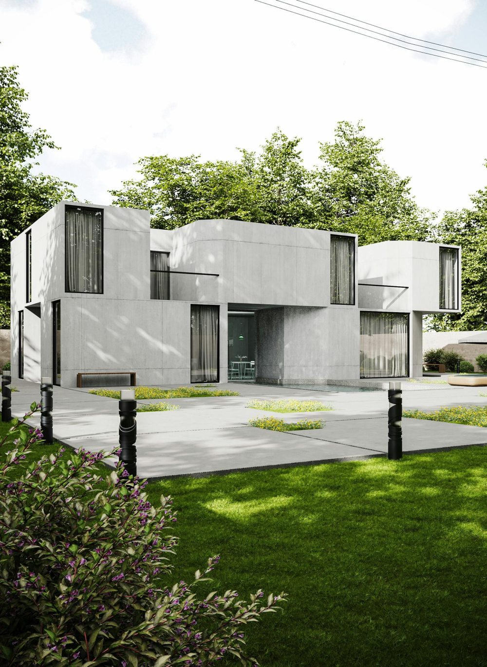 A sleek modern concrete house in a lush garden setting, showcasing minimalist architecture.