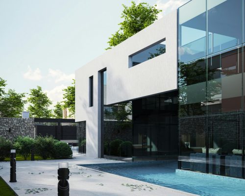 Contemporary luxury home exterior with glass facade and swimming pool. Lush garden setting.
